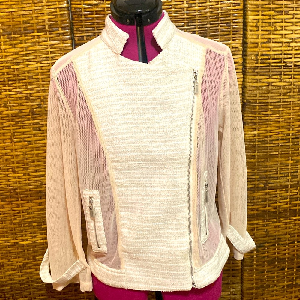 NWOT Alberto Makali designer cream mixed media mesh & tweed full zip jacket L